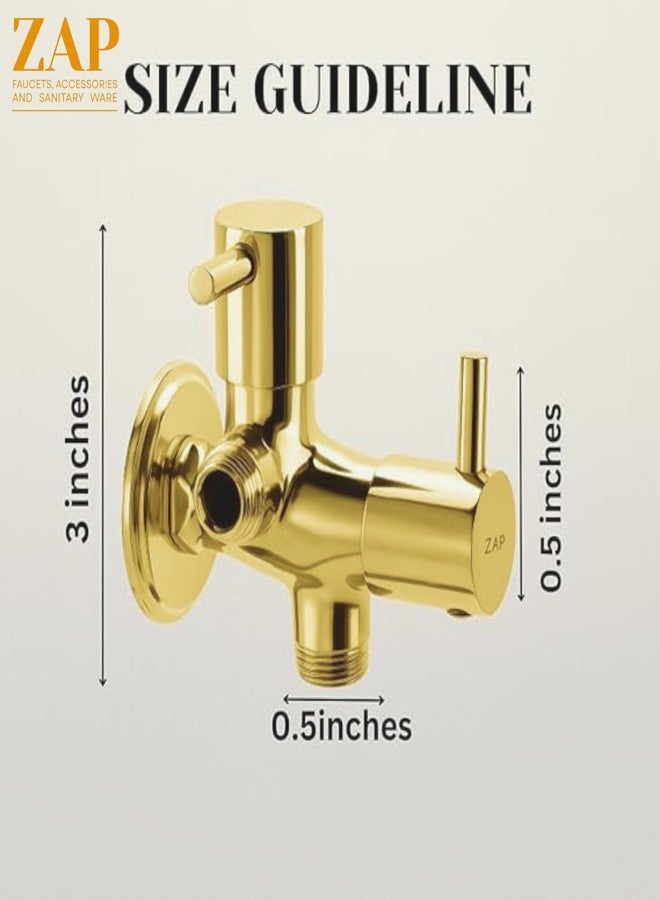 ZAP Turbo Series 2-in-1 Angle Valve | Full Brass Quarter Turn Tap | Gold Finish Pipe Connector for Bathroom | Dual Control with Wall Flange | Includes Teflon Tape - Image 4